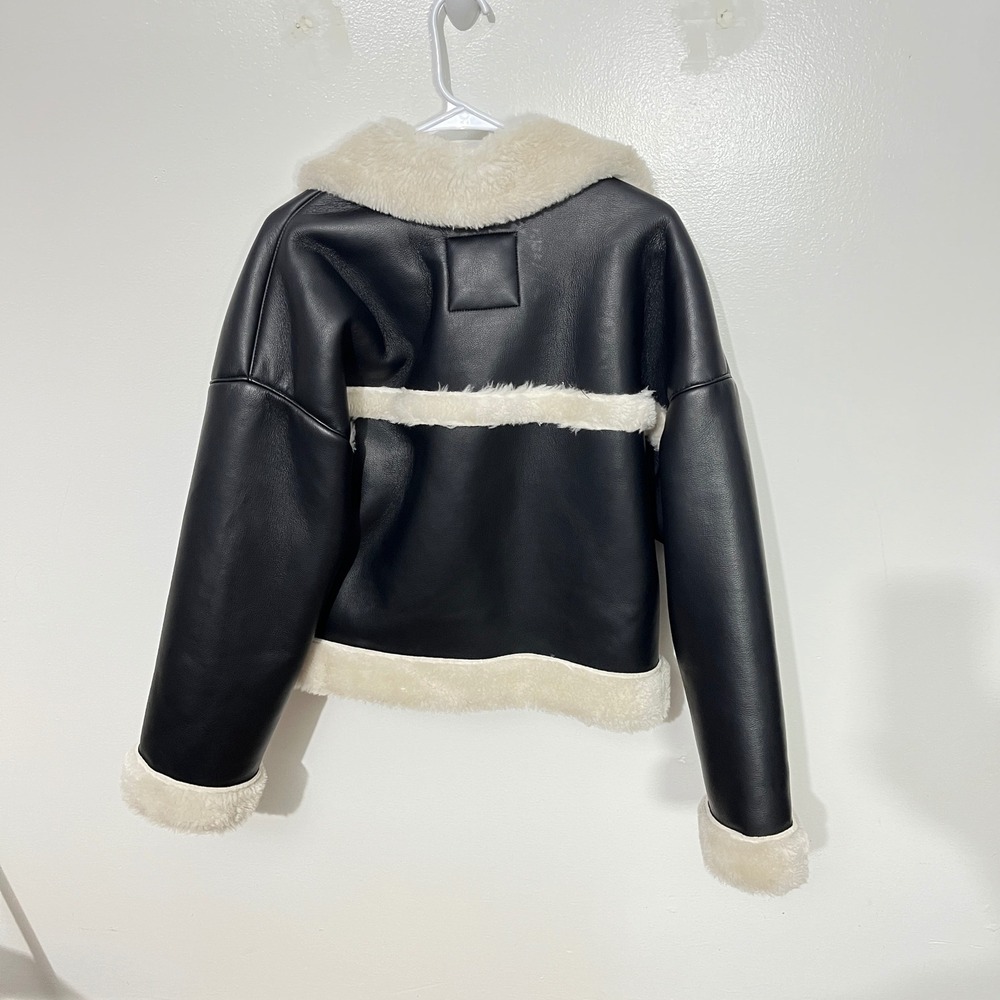 Abercrombie & Fitch Aviator Jacket Womens Small Black Vegan Leather Sherpa Lined - Picture 4 of 6
